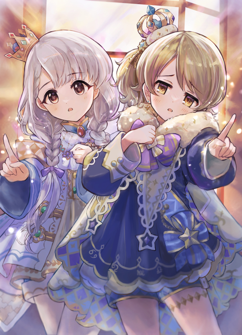 2girls, animal, asymmetrical_bangs, asymmetrical_hair, bird, blonde_hair, blue_bow, blue_sash