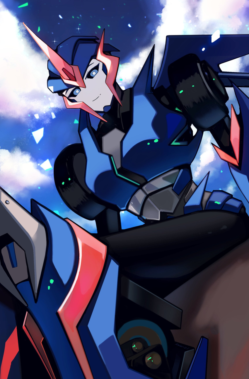 1girl, absurdres, arcee, blue_eyes, blue_sky, breasts, highres, humanoid_robot, knnw_a, looking_at_viewer, mechanical_wings, medium_breasts, robot, science_fiction, sitting, sky, solo, thighs, transformers, transformers_prime, wings