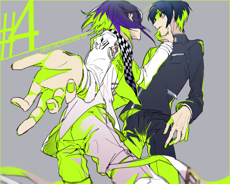 2boys, black_hair, chain, checkered_clothes, checkered_scarf, copyright_name, danganronpa_(series), danganronpa_v3:_killing_harmony, gakuran, grey_background, hand_on_another's_face, male_focus, me_(lililico), multiple_boys, oma_kokichi, pinstripe_pattern, saihara_shuichi, scarf, school_uniform, short_hair, simple_background, straitjacket
