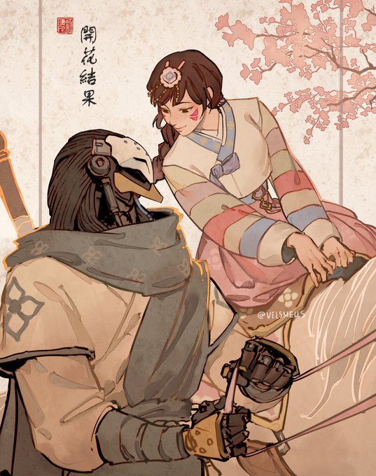 1boy, 1girl, alternate_costume, braid, braided_ponytail, brown_eyes, brown_hair, closed_mouth