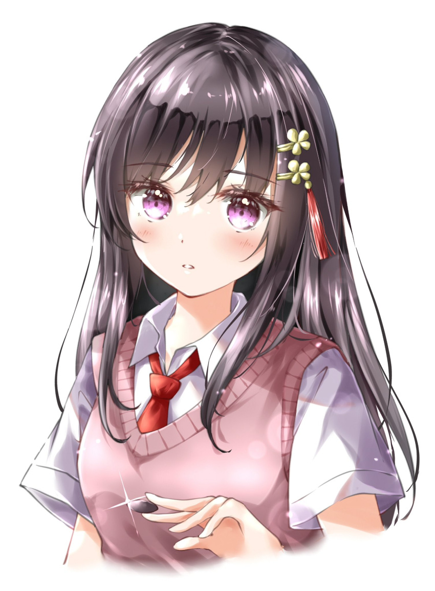 1girl, black_hair, blush, board_game, breasts, go_(board_game), hair_ornament, heaven_burns_red, highres, jacket, joshik_ank, long_hair, looking_at_viewer, medium_breasts, necktie, nikaidou_misato, red_necktie, shirt, short_sleeves, sidelocks, solo, upper_body, violet_eyes, white_shirt