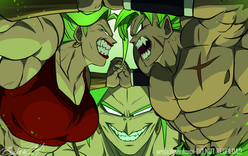1girl, 2boys, abs, bahnloopi, biceps, bracer, breasts, broly_(dragon_ball_super)