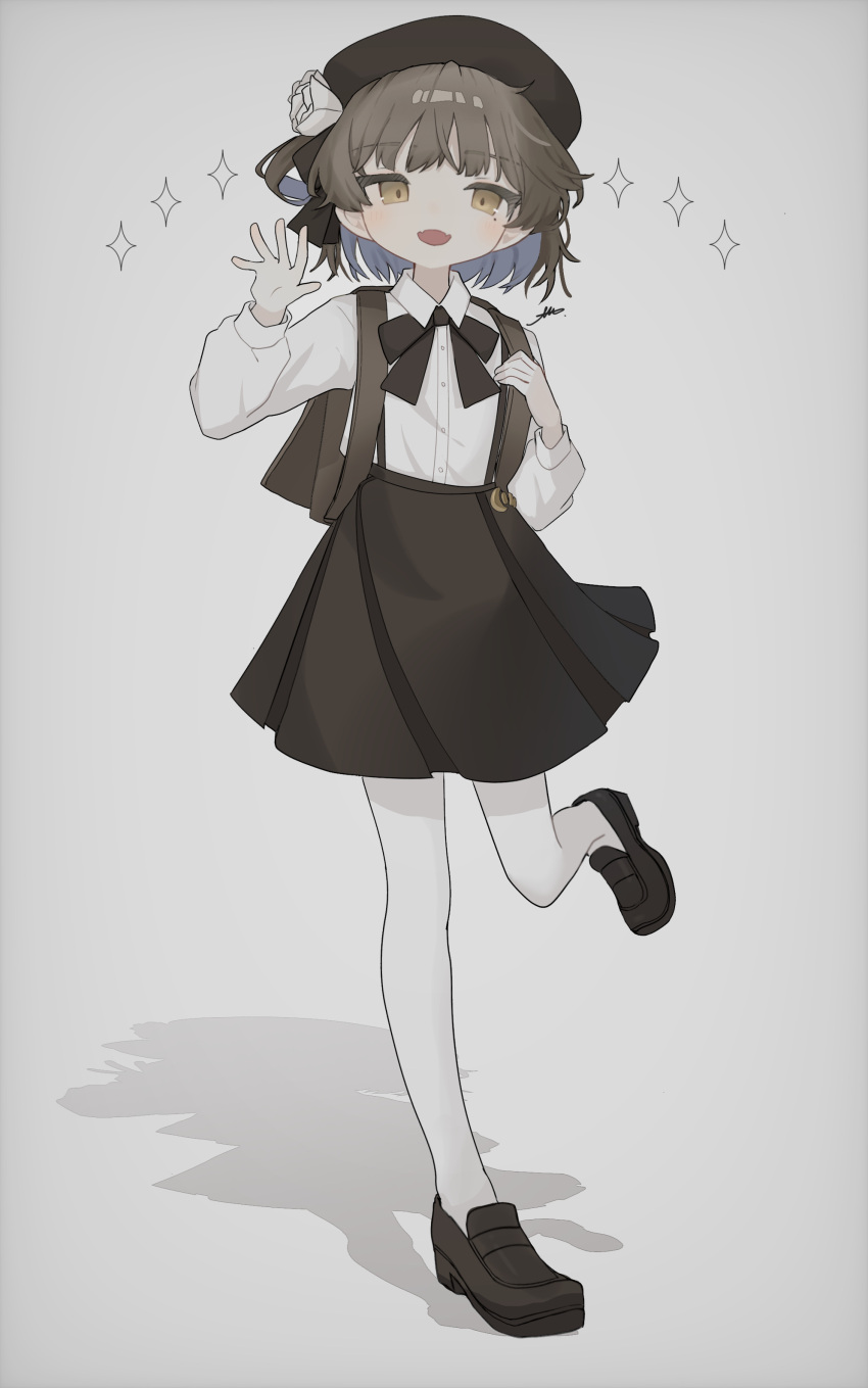 1girl, absurdres, beret, black_bow, black_footwear, black_hat, black_skirt, bow