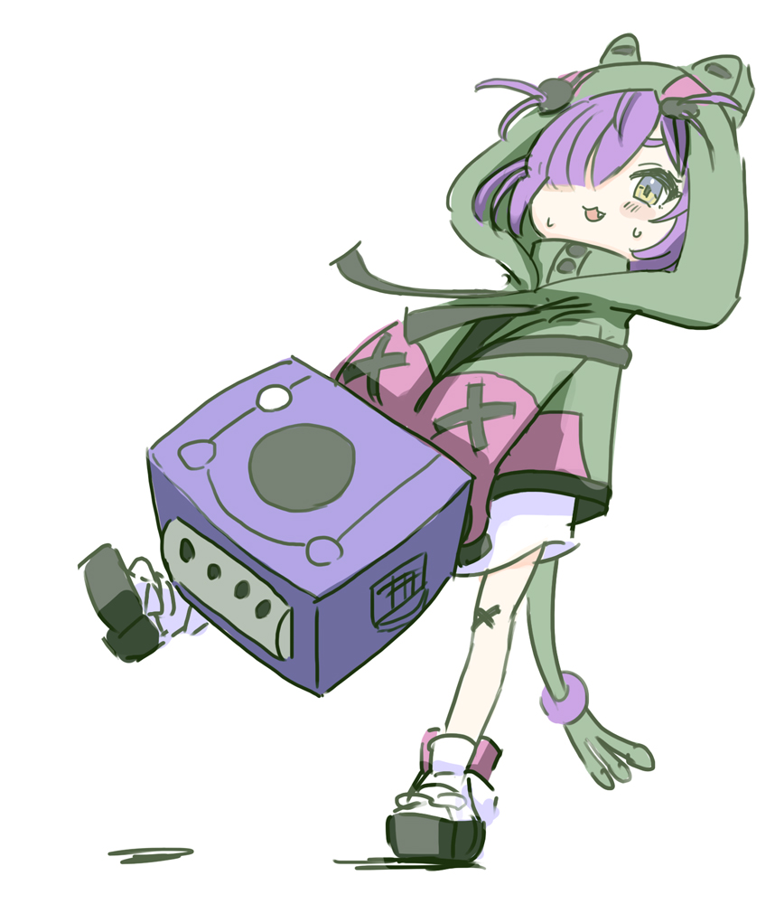 1girl, animal_hood, blush, commentary, eien_project, english_commentary, fang, frog_hood, game_console, gamecube, green_hoodie, hair_over_one_eye, holding, hood, hood_up, hoodie, laorenxing, long_sleeves, one_eye_covered, open_mouth, pink_hoodie, purple_hair, short_hair, simple_background, sleeves_past_fingers, sleeves_past_wrists, solo, standing, standing_on_one_leg, sweat, two-tone_hoodie, two_side_up, virtual_youtuber, white_background, white_footwear, yellow_eyes, zumi_dokumi