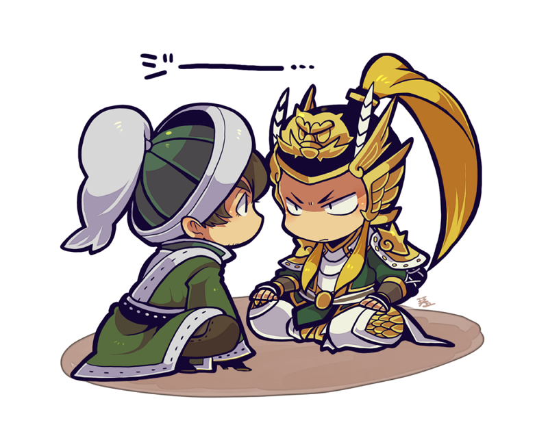 2boys, armor, blonde_hair, brown_hair, brown_pants, chibi, chibi_only, chinese_armor