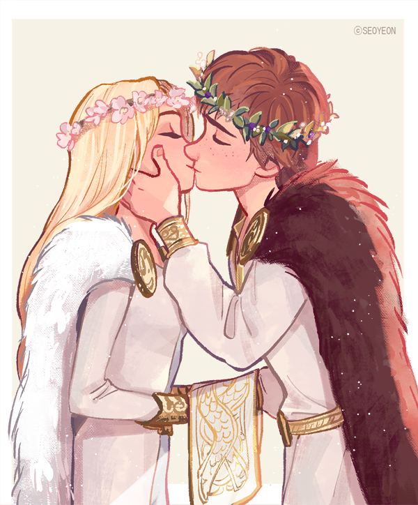 1boy, 1girl, artist_name, astrid_hofferson, belt, blonde_hair, border, brown_cape
