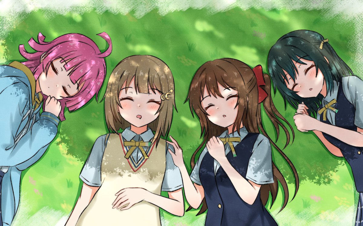 4girls, ahoge, black_vest, blue_jacket, blue_shirt, blunt_bangs, blush, bow