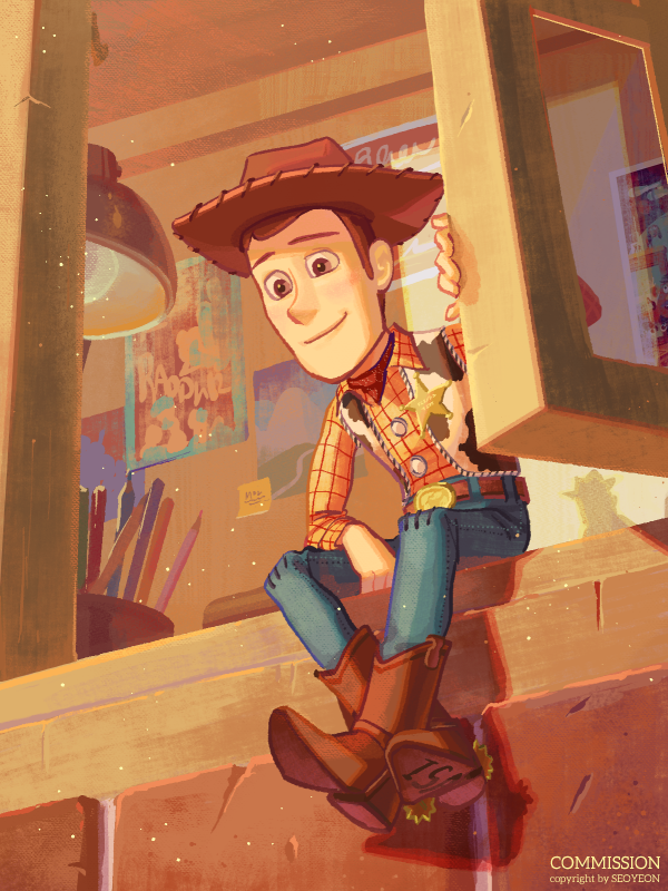 1boy, animal_print, artist_name, bandana, belt, blue_pants, boots, brick_wall, brown_belt, brown_eyes, brown_footwear, brown_hair, brown_hat, collared_shirt, commission, cow_print, cowboy, cowboy_boots, cowboy_hat, denim, english_text, hat, jeans, korean_commentary, lamp, open_clothes, open_vest, orange_shirt, pants, pencil, plaid, plaid_shirt, print_vest, red_bandana, seoyeon, sheriff_woody, shirt, sitting, solo, toy_story, vest
