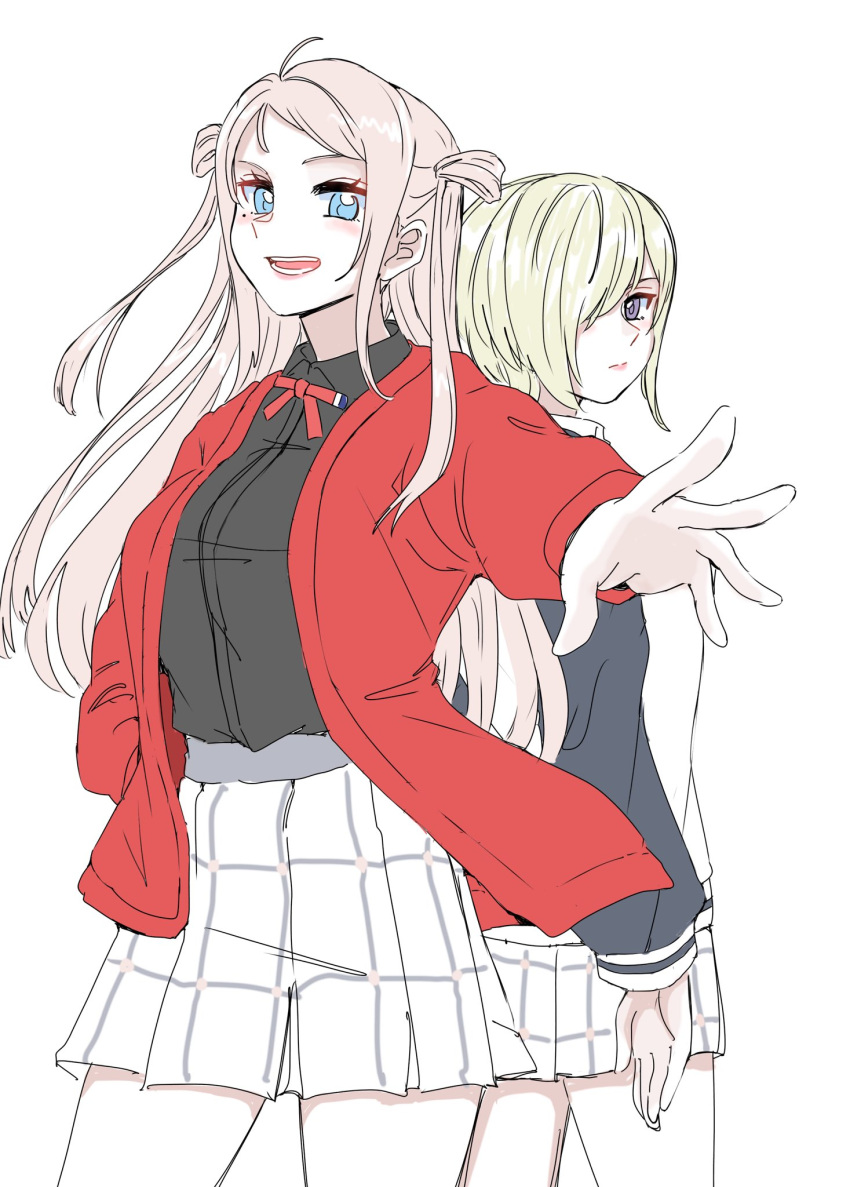 2girls, ahoge, back-to-back, black_shirt, blonde_hair, blue_eyes, closed_mouth, collared_shirt