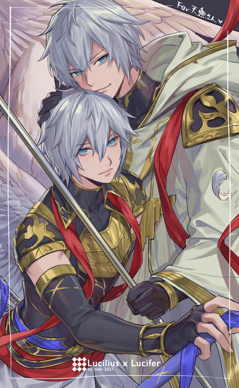2021, 2boys, armor, belt, bishounen, blue_belt, blue_eyes, breastplate