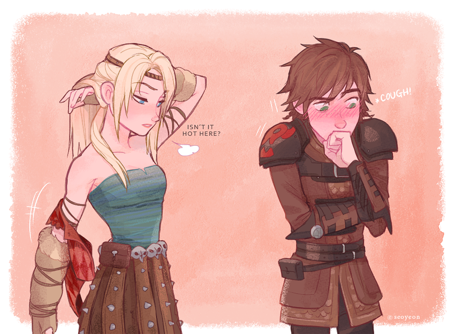 1boy, 1girl, aqua_shirt, armor, artist_name, astrid_hofferson, bare_shoulders, belt