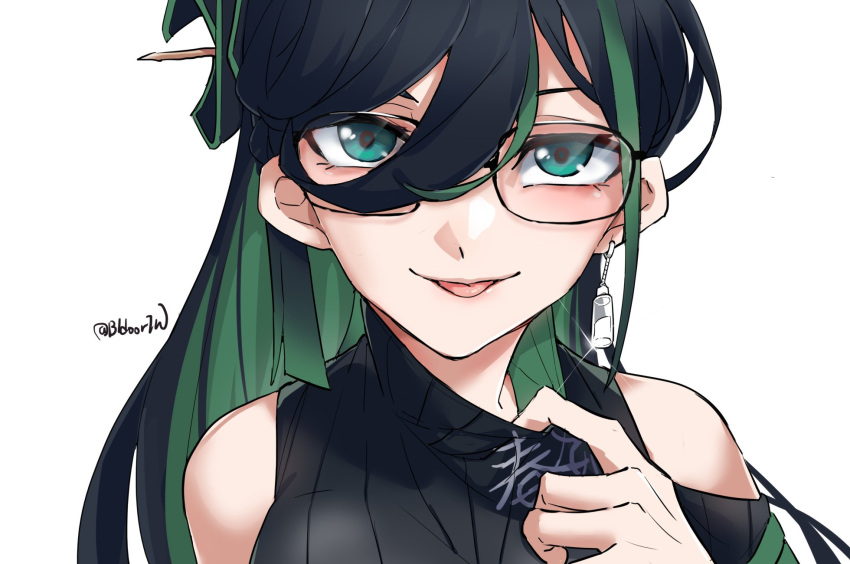 1girl, bidortw, black_hair, breasts, chinese_commentary, clothing_cutout, collar_tug, commentary_request