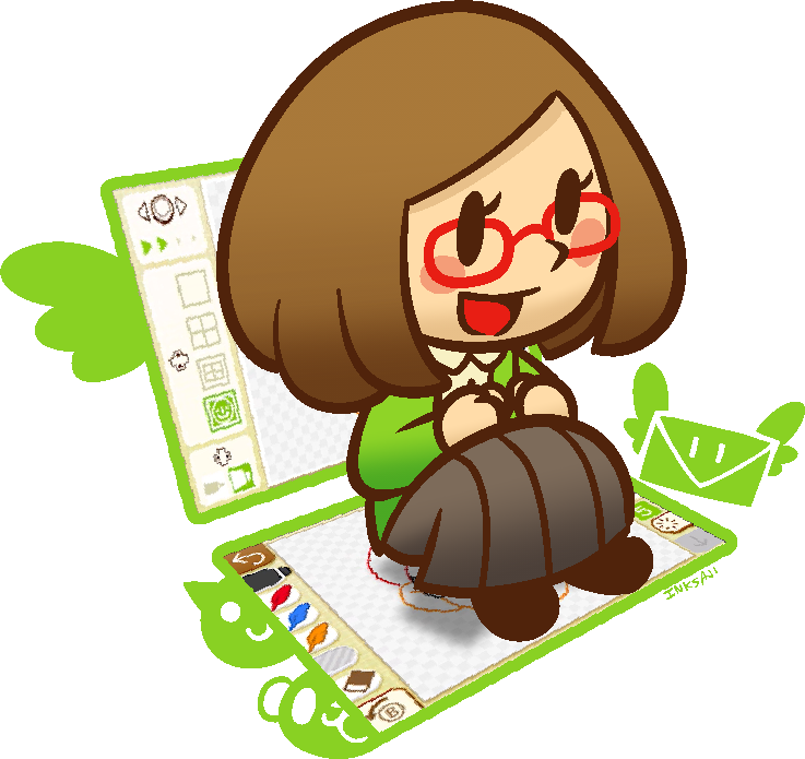 1girl, black_eyes, black_footwear, black_skirt, blush, brown_hair, chibi, english_text, envelope, glasses, inksaji, long_sleeves, nikki_(swapnote), open_mouth, red-framed_eyewear, shoes, short_hair, signature, sitting, skirt, solo, swapnote, transparent_background, wings