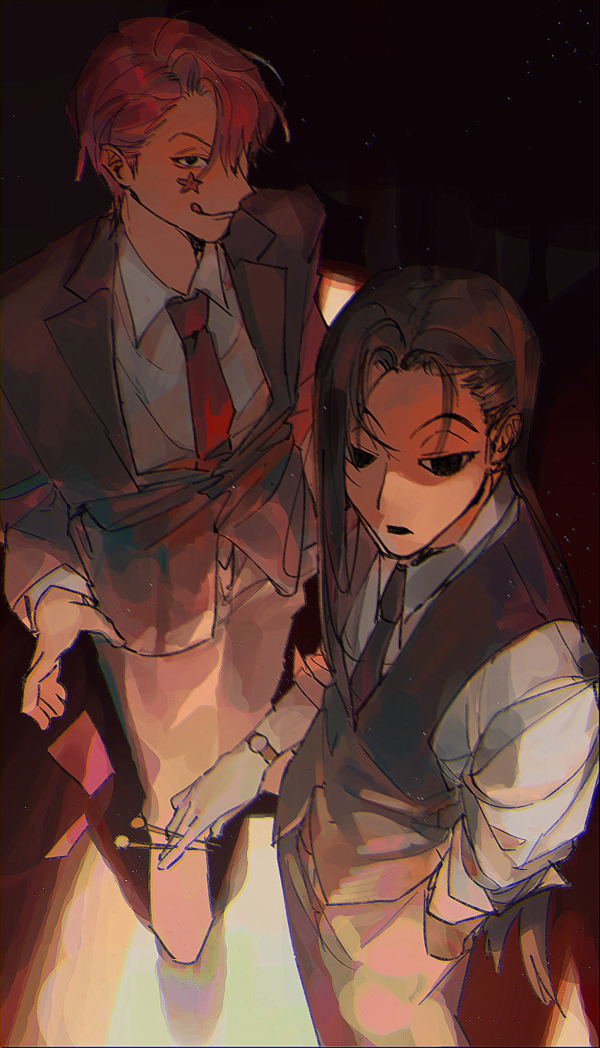 2boys, absurdres, alternate_costume, alternate_hairstyle, black_eyes, black_hair, dark_room, empty_eyes