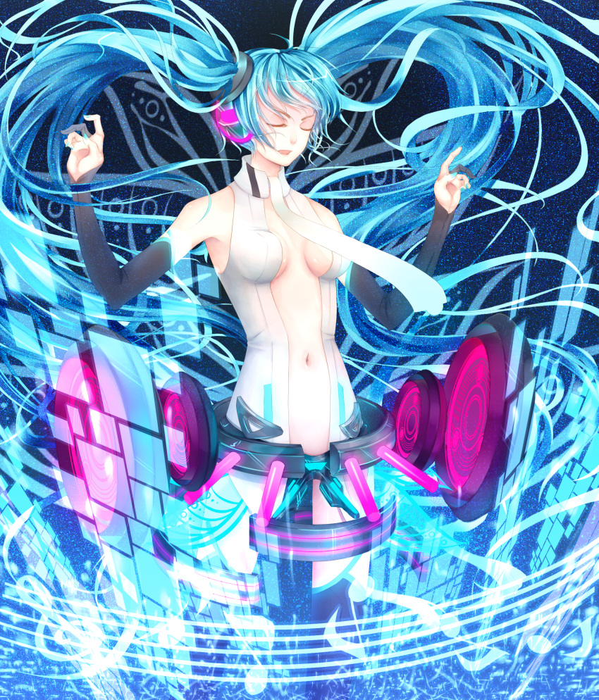 absurdres, aqua_hair, belt, blue_hair, bridal_gauntlets, center_opening, closed_eyes, hatsune_miku, hatsune_miku_(append), highres, long_hair, miku_append, minipoyo, murasawa_kyara, musical_note, navel, necktie, solo, thigh-highs, thighhighs, twintails, very_long_hair, vocaloid, vocaloid_append