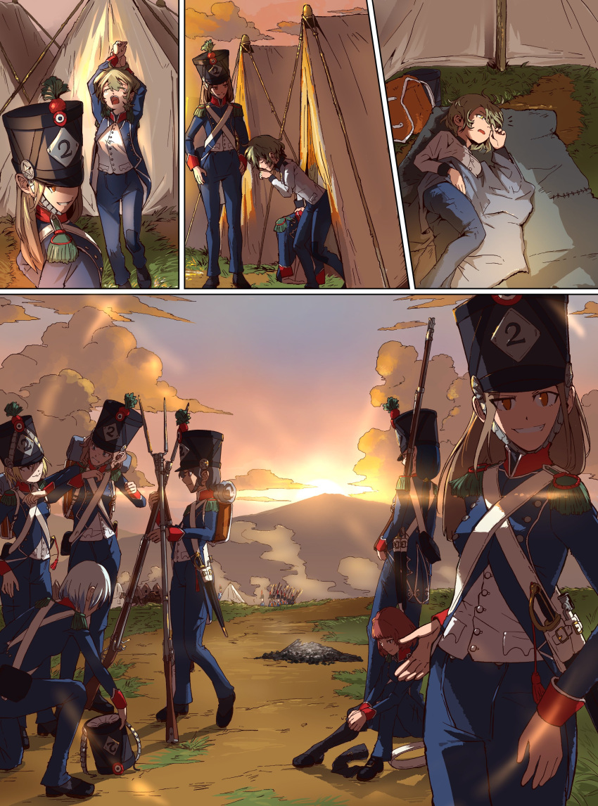 6+girls, absurdres, antique_firearm, bayonet, boots, clouds, day, dressing