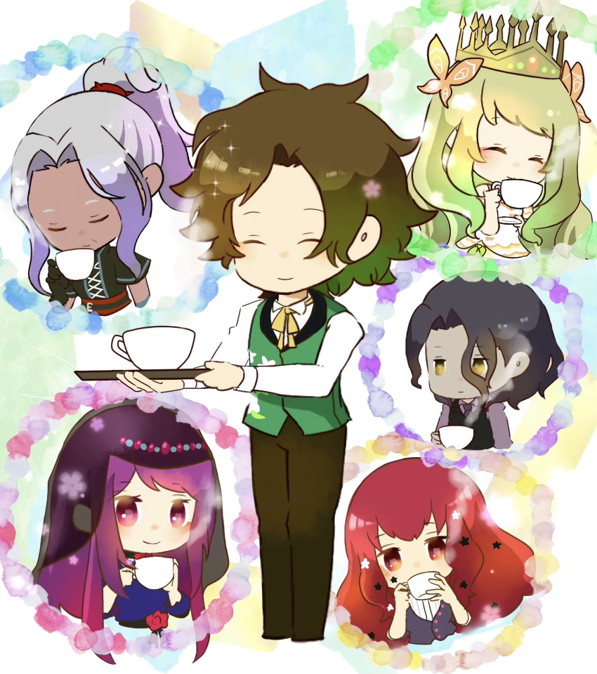 2boys, 4girls, celine_(fire_emblem), cup, dark-skinned_male, dark_skin, fire_emblem, fire_emblem_engage