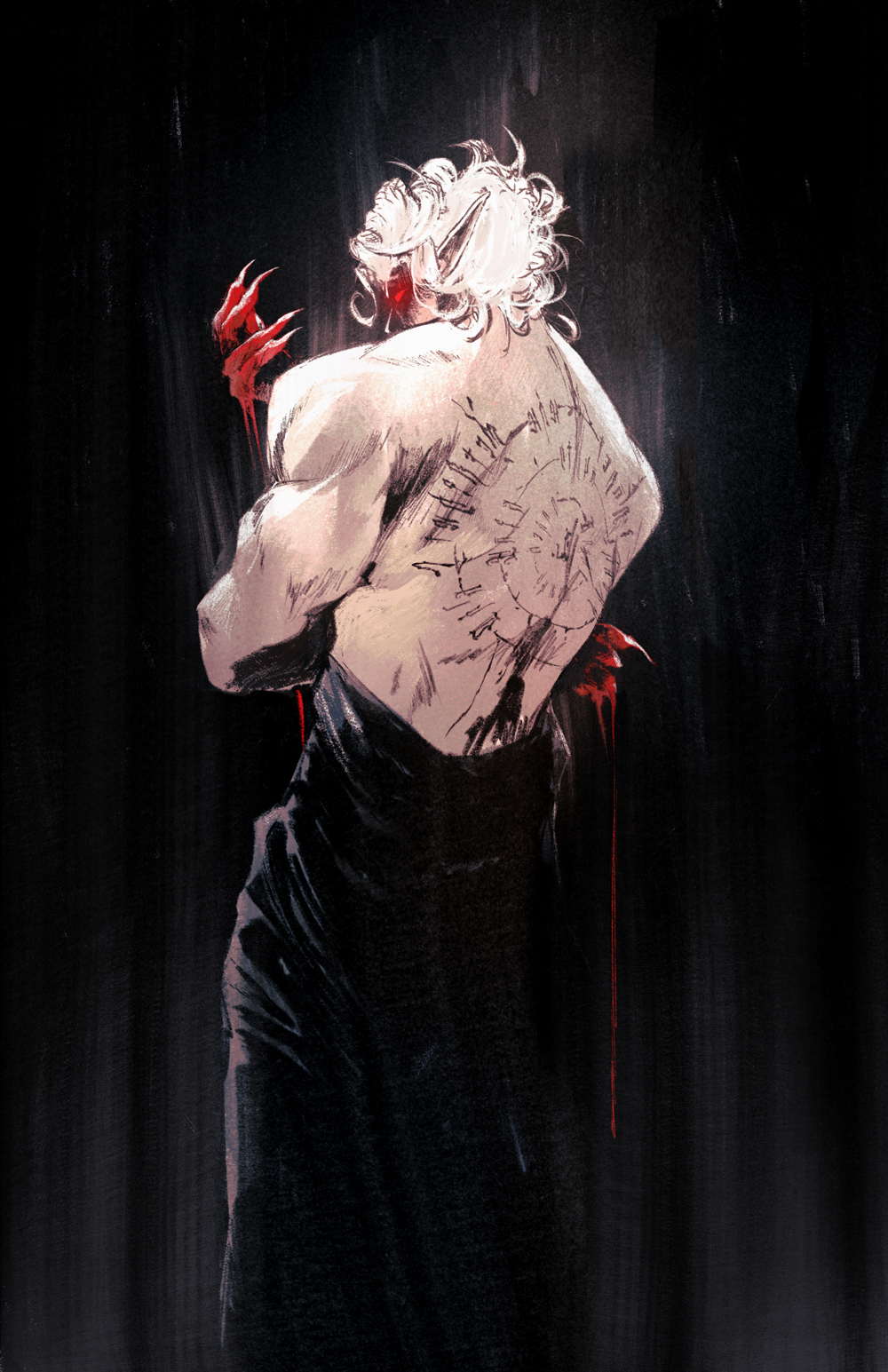 1boy, astarion, back, back_tattoo, baldur's_gate, baldur's_gate_3, biceps, black_background, black_skirt, blood, blood_on_hands, chun_lo, dio_brando's_pose_(jojo), dungeons_&amp;_dragons, feet_out_of_frame, fingernails, from_behind, glowing, glowing_eyes, highres, horror_(theme), jojo_pose, long_skirt, looking_at_viewer, looking_back, male_focus, muscular, muscular_male, pointy_ears, red_eyes, sharp_fingernails, short_hair, simple_background, skirt, solo, tattoo, vampire, white_hair