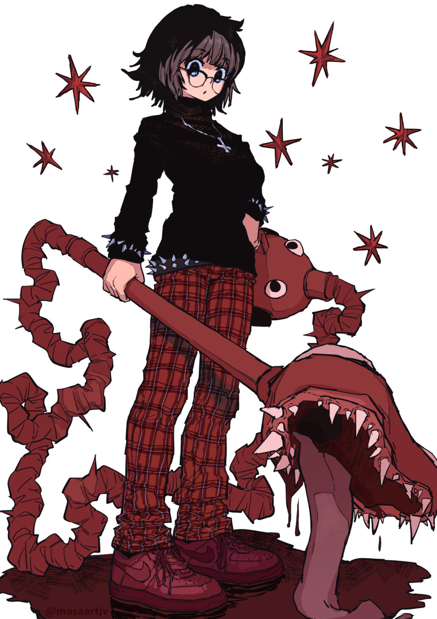 1girl, black_eyes, black_sweater, blinky_(hunter_x_hunter), blood_on_ground, blunt_bangs, bracelet, brown_hair