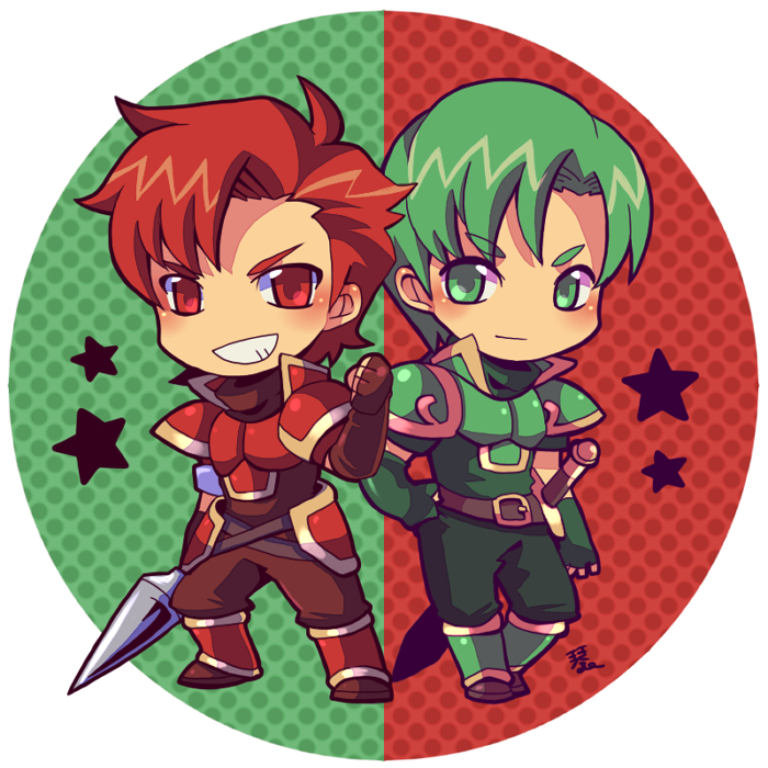 2boys, abel_(fire_emblem), armor, belt, blush, border, brown_belt, brown_gloves