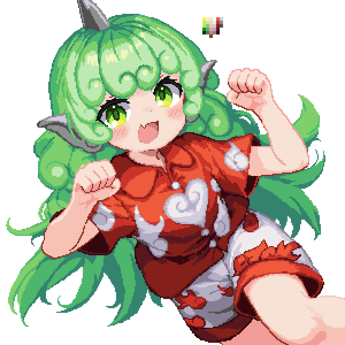 1girl, 999_(hansode), :d, cloud_print, color_guide, commentary_request, curly_hair, feet_out_of_frame