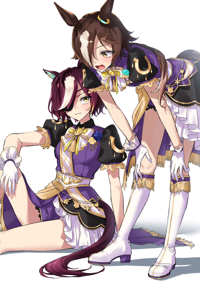 2girls, animal_ears, boots, brown_eyes, brown_hair, dress, ear_ornament, eyepatch, gate_of_infinity_(umamusume), gul_(parfaitgul), hair_over_one_eye, hand_on_own_knee, highres, horse_ears, horse_girl, horse_tail, knee_boots, looking_at_another, multicolored_hair, multiple_girls, open_mouth, purple_dress, purple_shirt, shirt, short_hair, sitting, skirt, streaked_hair, tail, tanino_gimlet_(umamusume), umamusume, vodka_(umamusume), white_background, white_footwear, white_hair, yellow_eyes