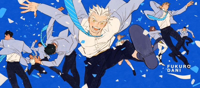 2girls, 6+boys, absurdres, akaashi_keiji, arms_up, black_hair, black_pants, blue_background