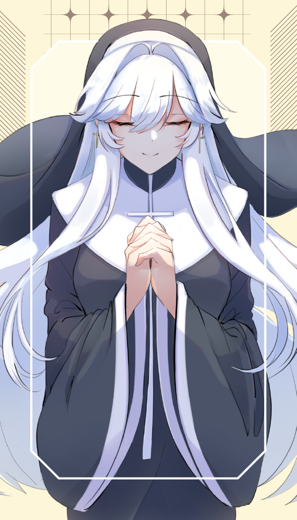 1girl, black_robe, border, closed_eyes, commentary, cross, cross_earrings, earrings, english_commentary, habit, hair_intakes, jewelry, long_hair, nun, original, own_hands_clasped, own_hands_together, praying, robe, saint_udon, smile, solo, udon-udon, very_long_hair, white_hair, wide_sleeves