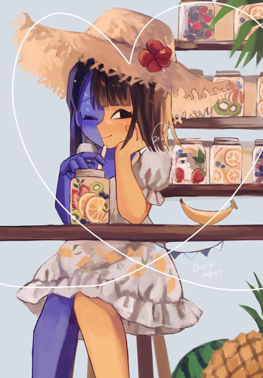 1girl, blue_skin, colored_skin, dress, drinking_straw, ena_(joel_g), ena_(series), food