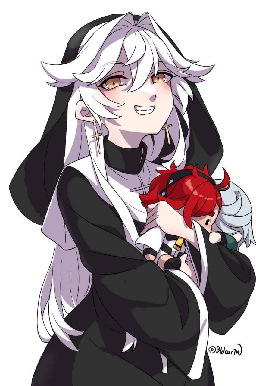 1girl, bidortw, borrowed_character, brown_eyes, character_doll, commentary, cross, cross_earrings