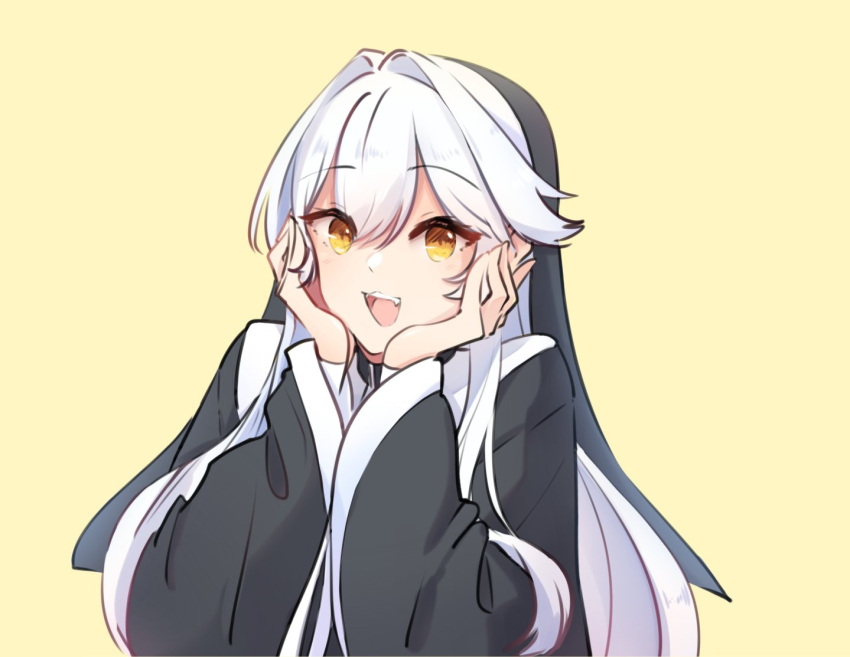 1girl, black_robe, commentary, english_commentary, habit, hair_intakes, long_hair, nun