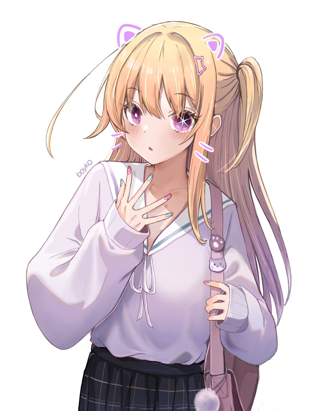 1girl, black_skirt, blush, boykoooo, hair_between_eyes, hair_ornament, highres, hoshino_ruby