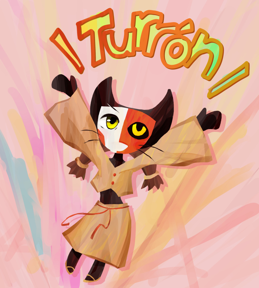 1girl, \o/, animal_ears, arms_up, brown_hair, cat_ears, cat_girl, colored_skin, ena_(joel_g), ena_(series), furry, furry_female, highres, long_hair, low-tied_long_hair, marlinmomo, multicolored_skin, other_language_text, outstretched_arms, simple_background, solo, two-tone_skin