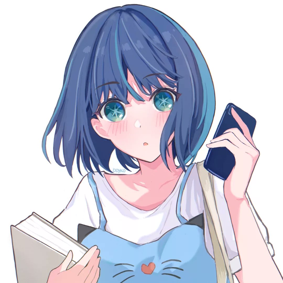 1girl, blue_hair, blush, book, boykoooo, cellphone, green_eyes, hair_between_eyes