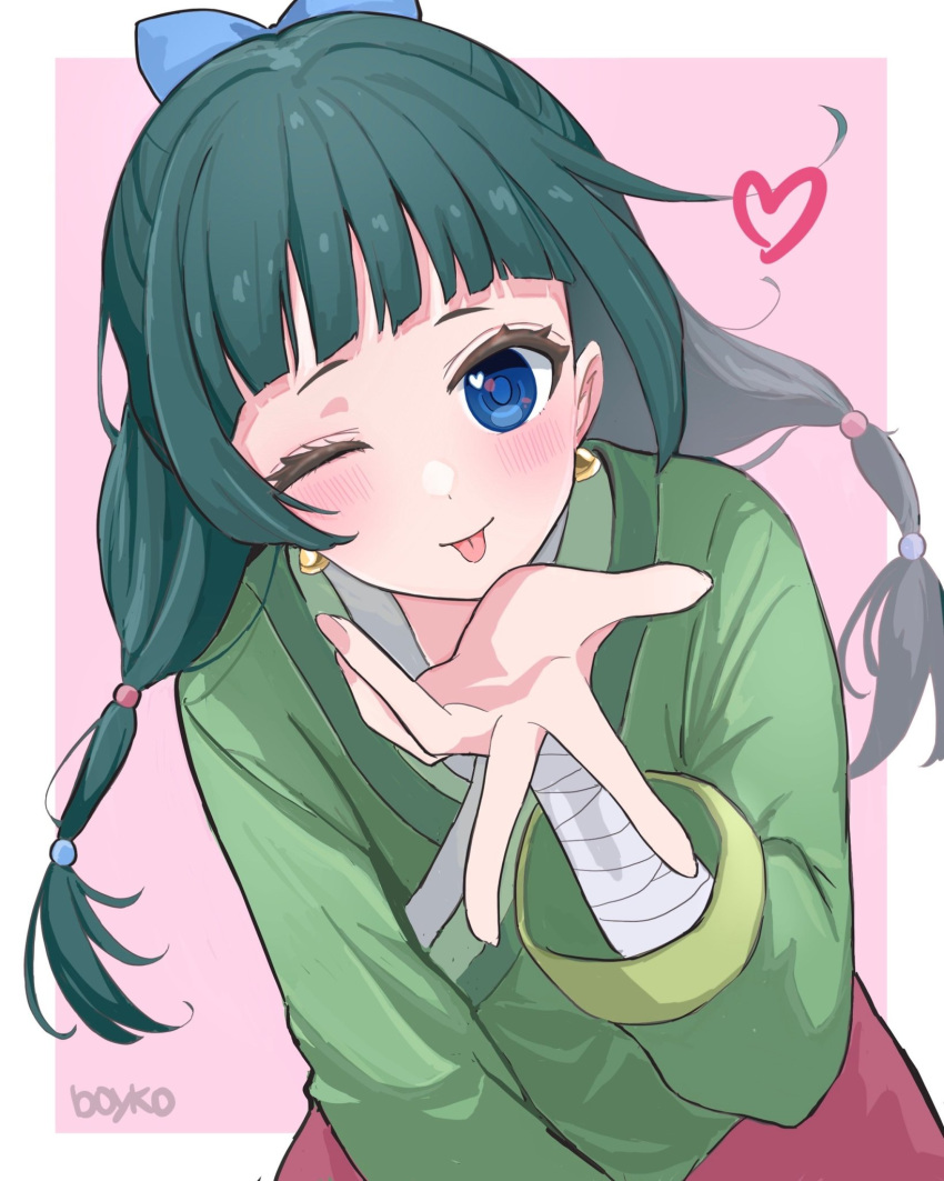 1girl, bandages, blue_bow, blue_eyes, blush, bow, boykoooo, chinese_clothes, earrings, green_hair, hair_bow, hair_ornament, highres, jewelry, kusuriya_no_hitorigoto, long_hair, long_sleeves, low_twintails, maomao_(kusuriya_no_hitorigoto), one_eye_closed, smile, solo, tongue, tongue_out, twintails
