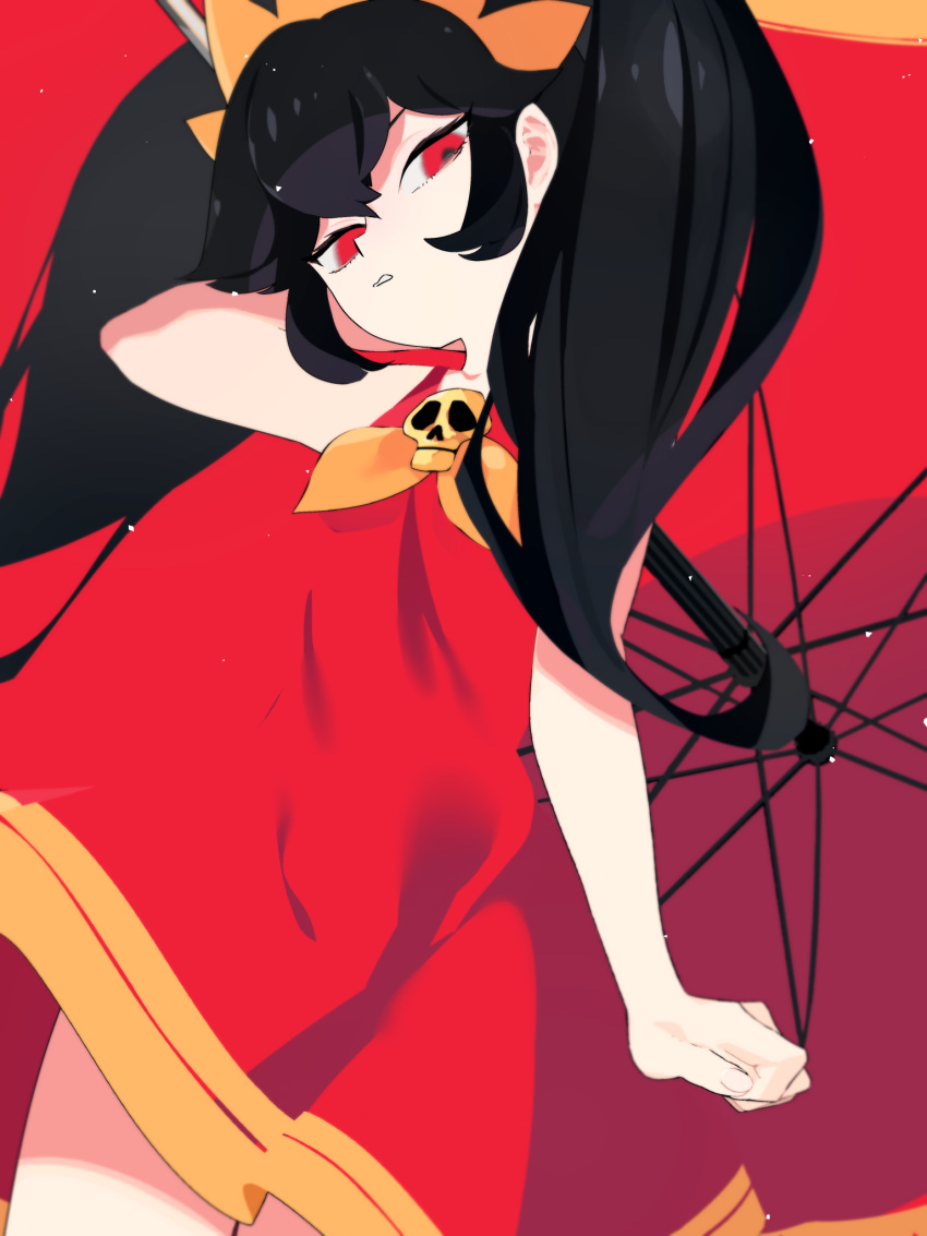 1girl, arm_at_side, arm_behind_head, arm_up, ashley_(warioware), black_hair, brooch, clenched_hand