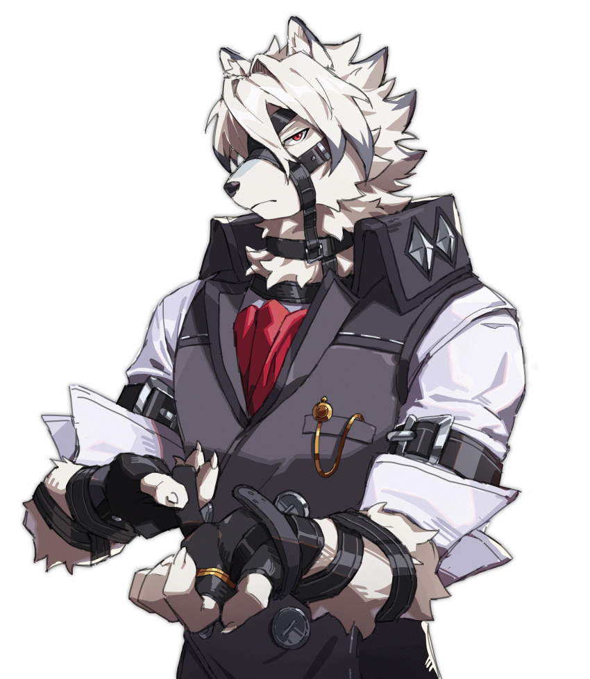 1boy, absurdres, ascot, black_gloves, black_vest, claws, closed_mouth, furry, furry_male, gloves, highres, jacket, looking_at_viewer, male_focus, muzzle, red_ascot, red_eyes, solo, upper_body, vest, von_lycaon, white_background, white_jacket, wolf_boy, yed_(yedsilent), zenless_zone_zero