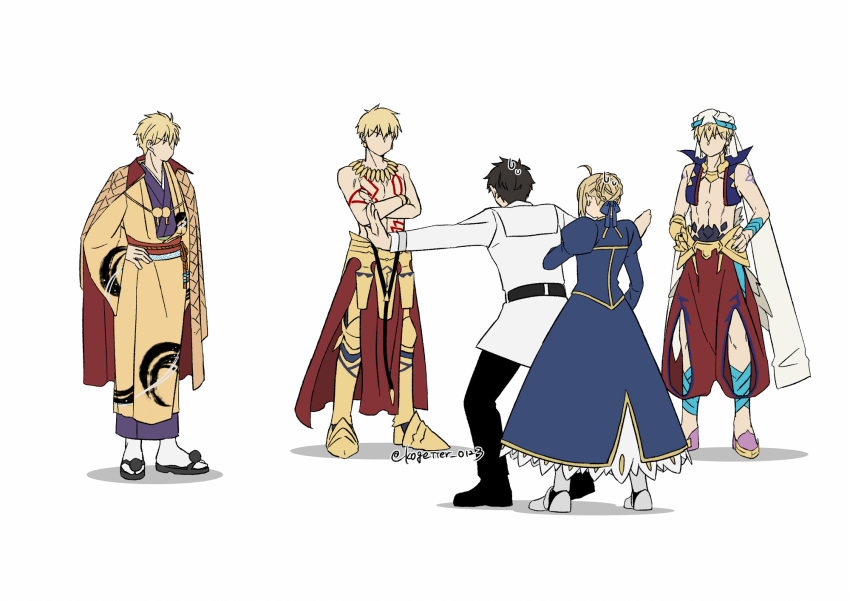 1girl, 4boys, ahoge, arabian_clothes, arm_markings, armor, artoria_pendragon_(fate), belt