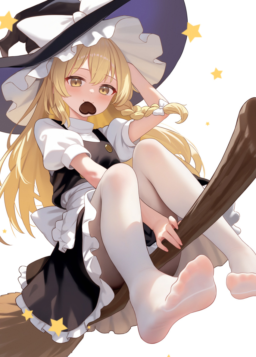 1girl, absurdres, black_hat, black_skirt, blonde_hair, bow, braid, broom