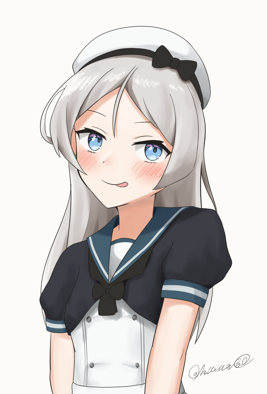 1girl, absurdres, black_jacket, black_neckerchief, blue_eyes, blue_sailor_collar, dress, grey_hair, hat, highres, jacket, javelin_(kancolle), kantai_collection, l_meet, long_hair, looking_at_viewer, neckerchief, sailor_collar, sailor_hat, short_sleeves, simple_background, solo, tongue, tongue_out, twitter_username, upper_body, white_background, white_dress, white_hat