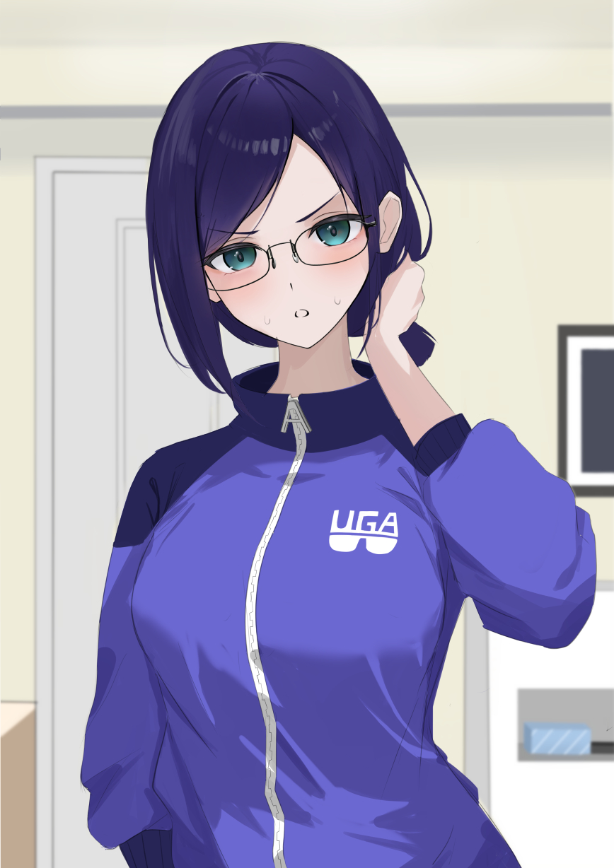 1girl, a-chan_(3rd_costume)_(hololive), a-chan_(hololive), alternate_breast_size, aqua_eyes, blue_hair, blush, breasts, commentary, hand_in_own_hair, haro_art, highres, hololive, jacket, large_breasts, long_sleeves, looking_at_viewer, official_alternate_costume, official_alternate_hairstyle, parted_bangs, parted_lips, short_hair, short_ponytail, solo, standing, sweatdrop, track_jacket, turtleneck, upper_body, virtual_youtuber, zipper, zipper_pull_tab