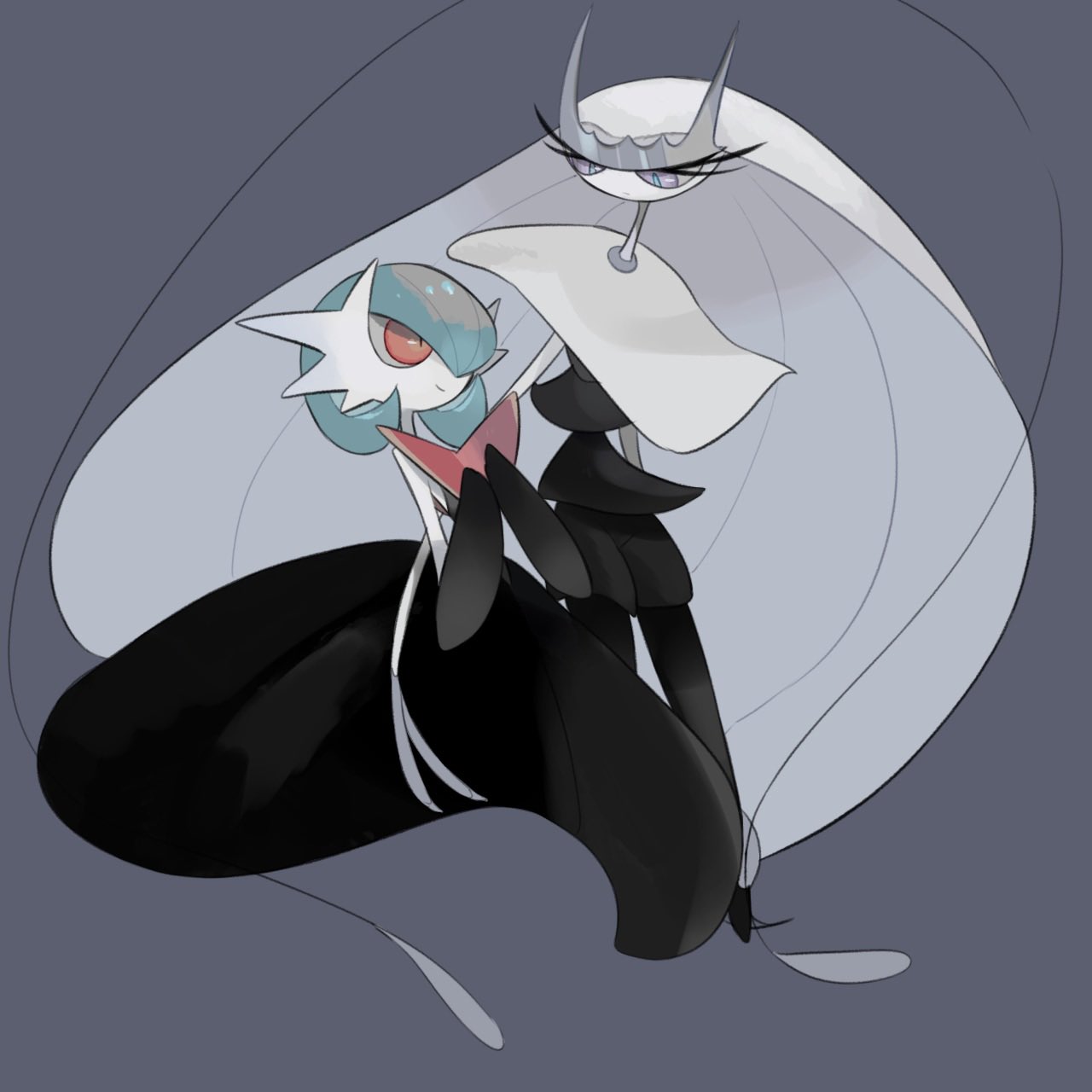 alternate_color, antennae, black_dress, black_gloves, blue_hair, bob_cut, colored_skin, dress