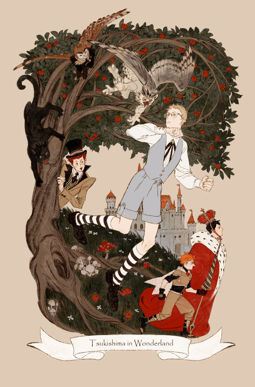 6+boys, absurdres, akaashi_keiji, alice_in_wonderland, animal, animalization, bird_wings, black_footwear