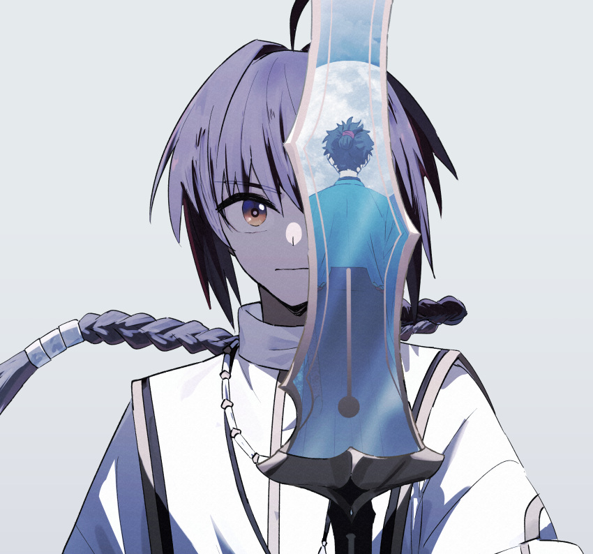 1boy, 1other, ahoge, androgynous, black_hair, blue_kimono, braid, braided_ponytail