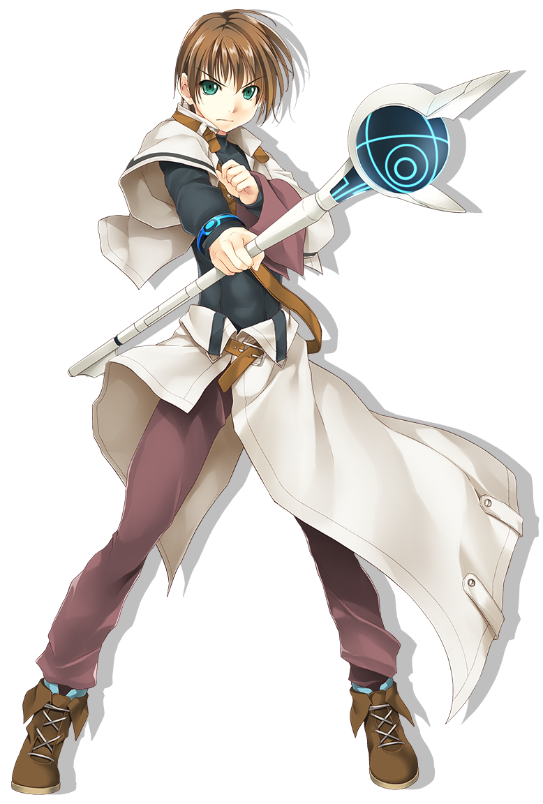 1boy, alto_travers, atelier-moo, belt, brown_footwear, brown_hair, brown_pants, closed_mouth, full_body, green_eyes, hair_between_eyes, holding, holding_staff, jacket, long_sleeves, pants, reaching, reaching_towards_viewer, shoes, short_hair, solo, staff, standing, transparent_background, white_jacket, wizards_symphony