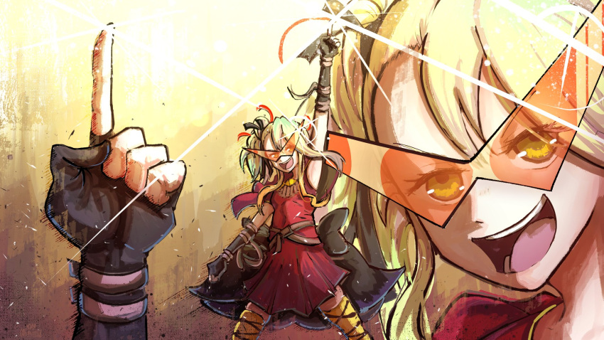 1girl, arm_up, belt, black_gloves, black_ribbon, breasts, capelet, clenched_hand, commission, cowboy_shot, deathpolca, demons_roots, dress, fingerless_gloves, gloves, green_eyes, green_hair, highres, kamina_shades, long_hair, ononotsu, open_mouth, red_capelet, red_dress, ribbon, small_breasts, solo, tengen_toppa_gurren_lagann, thigh-highs