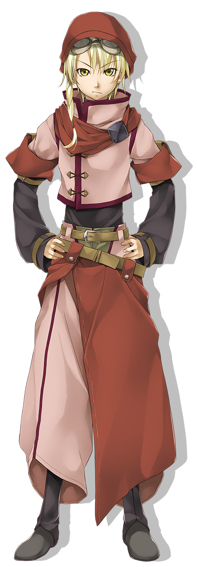 1boy, atelier-moo, belt, blonde_hair, braid, closed_mouth, full_body, goggles, goggles_on_head, grey_swift, hair_between_eyes, hands_on_own_hips, hat, long_sleeves, red_hat, shoes, short_hair, solo, standing, transparent_background, wizards_symphony, yellow_eyes