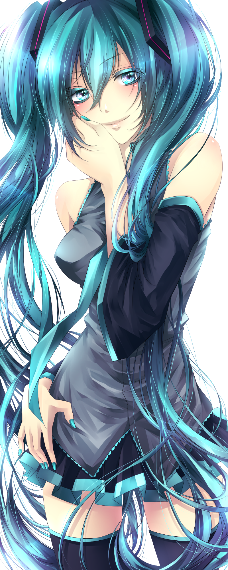 aqua_eyes, aqua_hair, detached_sleeves, hatsune_miku, highres, hoshiya_asua, long_hair, nail_polish
