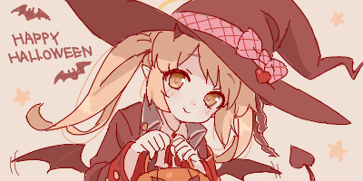 1girl, bat_(animal), bat_wings, blonde_hair, blue_archive, blush, bow, closed_mouth, coat, demon_tail, halloween_bucket, halloween_costume, happy_halloween, hat, hat_bow, head_tilt, horns, ibuki_(blue_archive), long_hair, long_sleeves, looking_at_viewer, lowres, maibotsumou, neck_ribbon, oekaki, open_clothes, open_coat, pink_bow, ribbon, simple_background, smile, solo, star_(symbol), tail, tail_raised, twintails, upper_body, wings, witch_hat, yellow_eyes