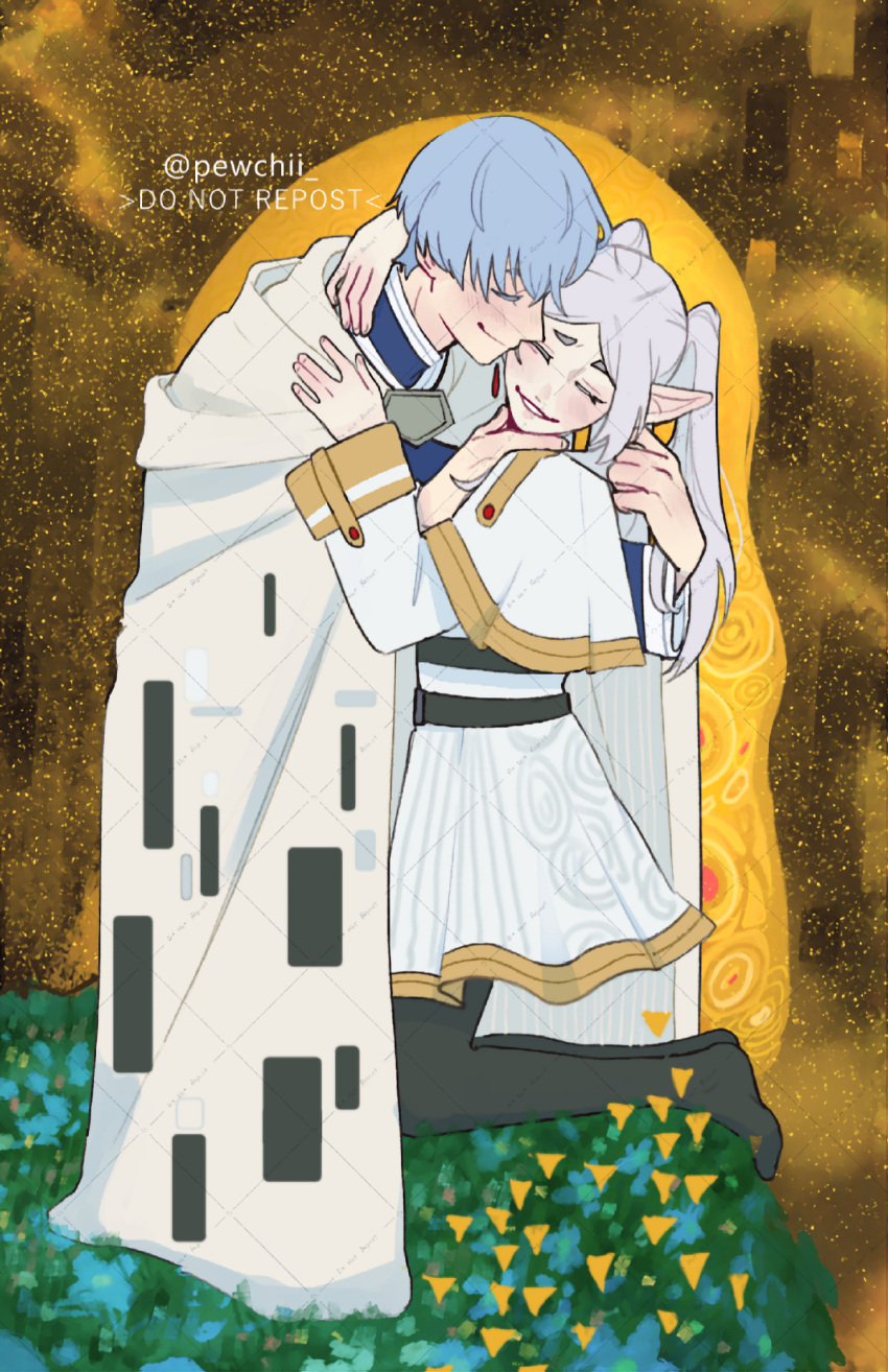 1boy, 1girl, arm_around_neck, blue_hair, capelet, cloak, closed_eyes, closed_mouth, commentary, couple, earrings, elf, english_commentary, fine_art_parody, frieren, grin, hand_on_another's_chin, hetero, highres, himmel_(sousou_no_frieren), hug, jewelry, kiss, kissing_cheek, kneeling, long_hair, long_sleeves, parody, parted_bangs, pewchii, pointy_ears, shirt, short_hair, skirt, smile, sousou_no_frieren, striped_clothes, striped_shirt, the_kiss, twintails, watermark, white_capelet, white_cloak, white_hair, white_skirt, yellow_trim
